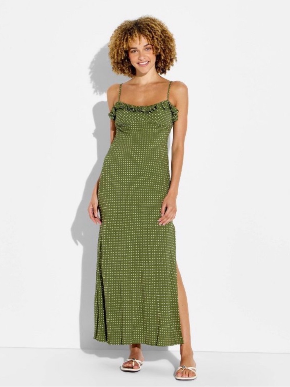 NWT Women's Ruffle Trim Maxi Slip Dress Wild Fable Moss Green Polka Dots XXL